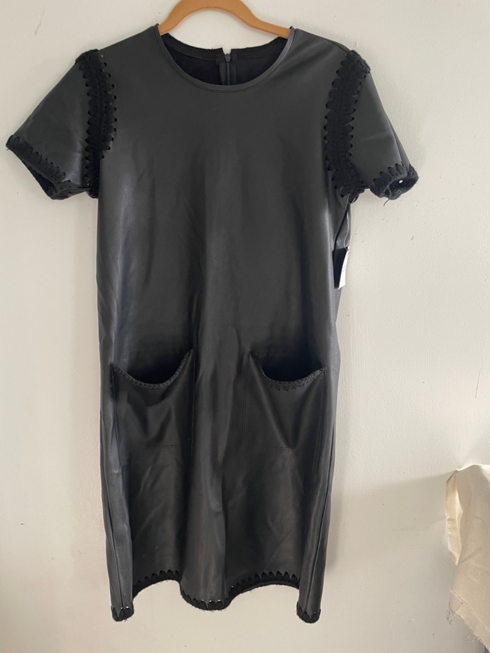 Zara Black Faux Leather Mini Dress with Scalloped Trim